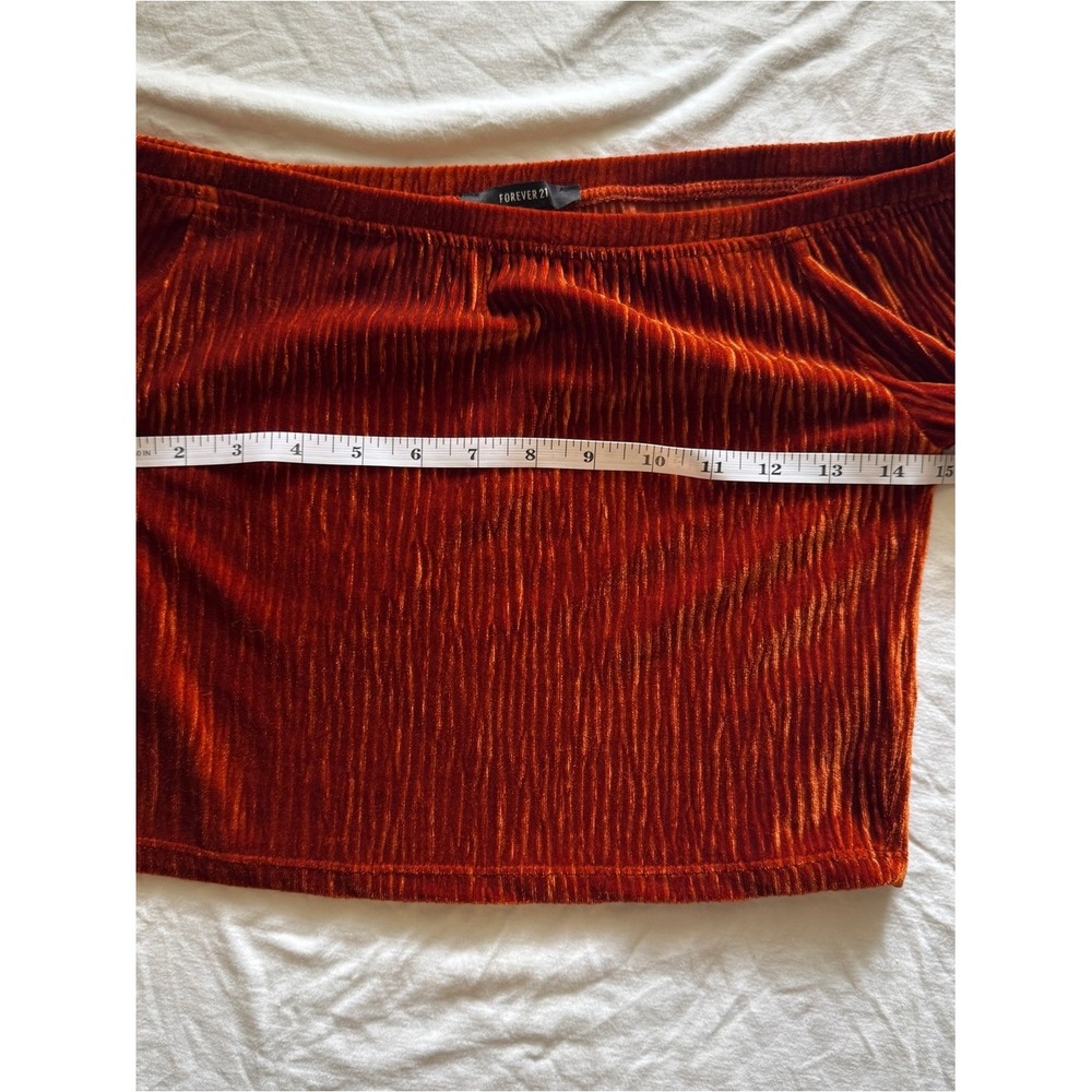 Velvet Plisse Off the Shoulder Bell Sleeve Crop Top S Orange 70s Whimsy Festival - Picture 3 of 5